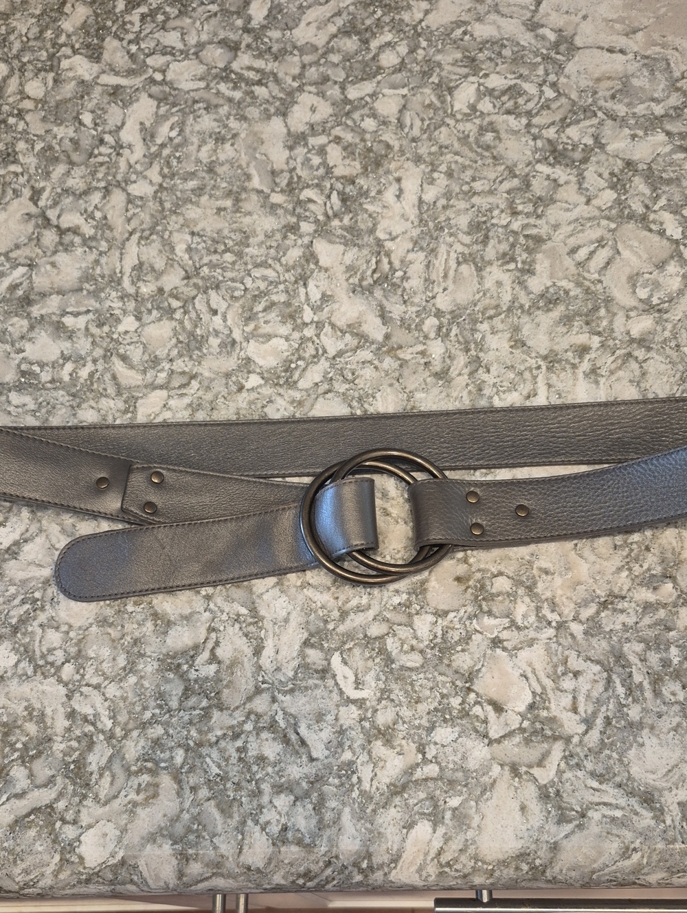 Eileen Fisher Women's Leather Double Brass Ring Grey Belt Size Large - Picture 1 of 7